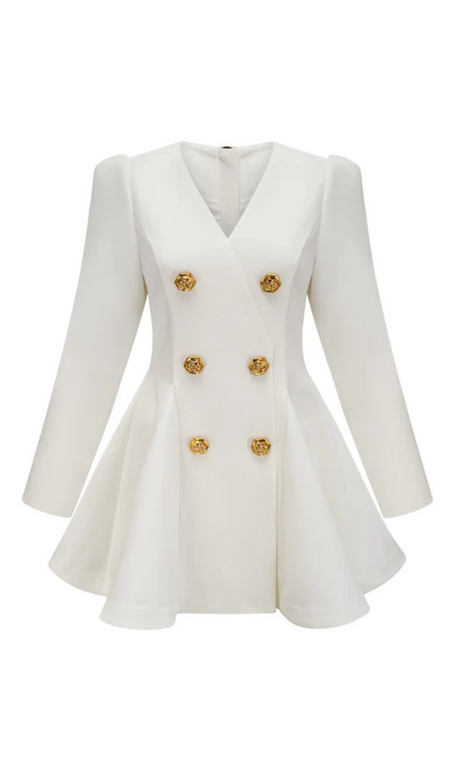 weißes Blazerkleid mit plissiertem Schößchensaum und goldenen Knöpfen