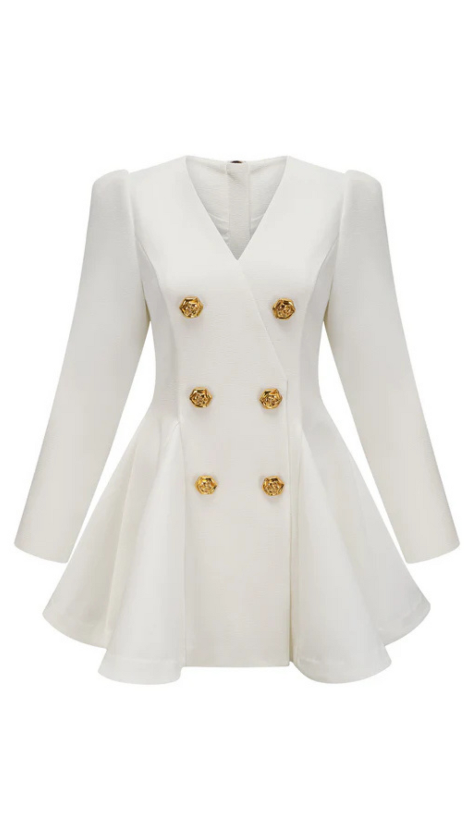 weißes Blazerkleid mit plissiertem Schößchensaum und goldenen Knöpfen