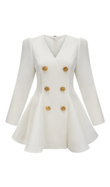 gold-button pleated peplum-hem white  blazer dress