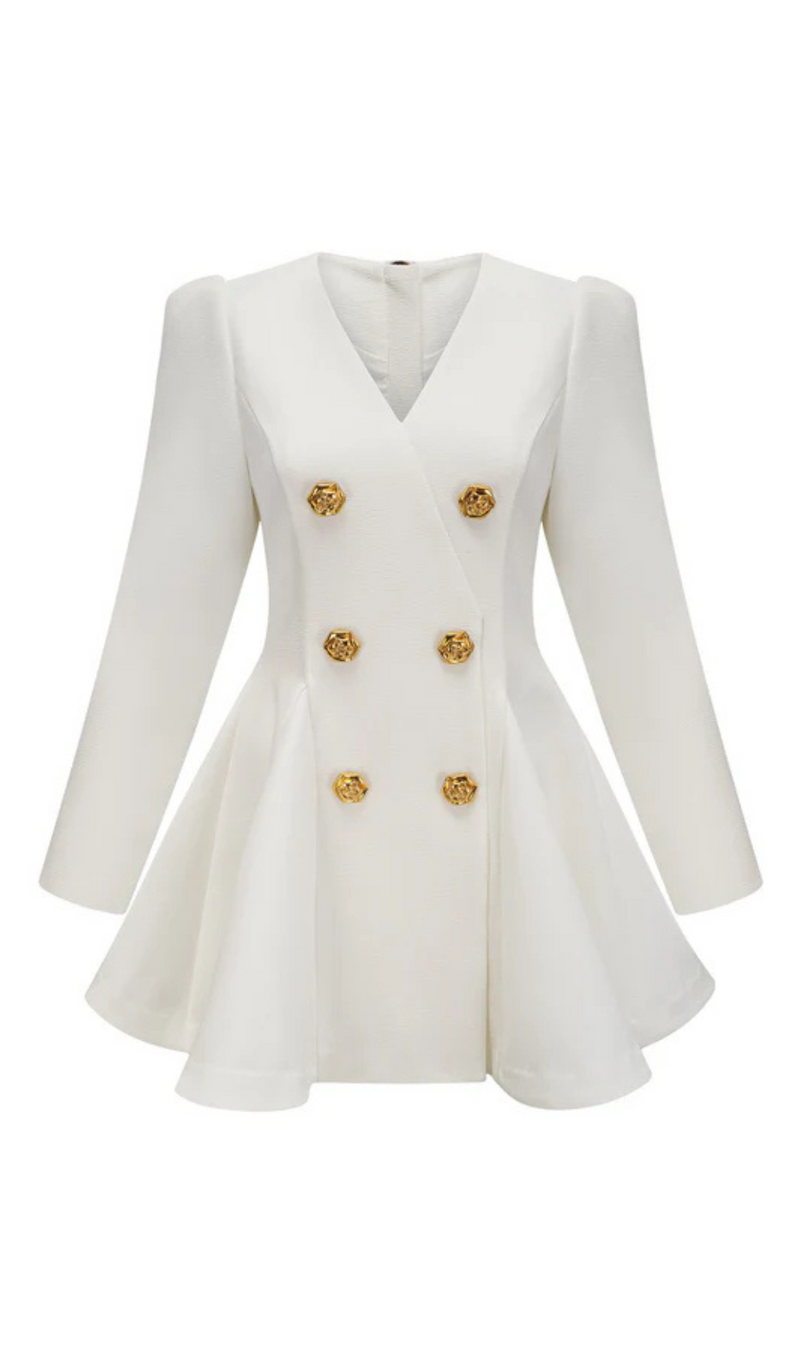 gold-button pleated peplum-hem white  blazer dress