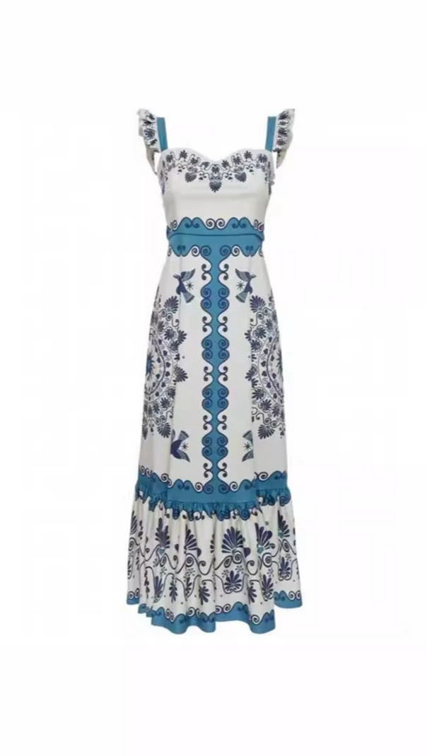 AIIZIE PRINT RUCHED STRAPS MINI DRESS IN BLUE - product image