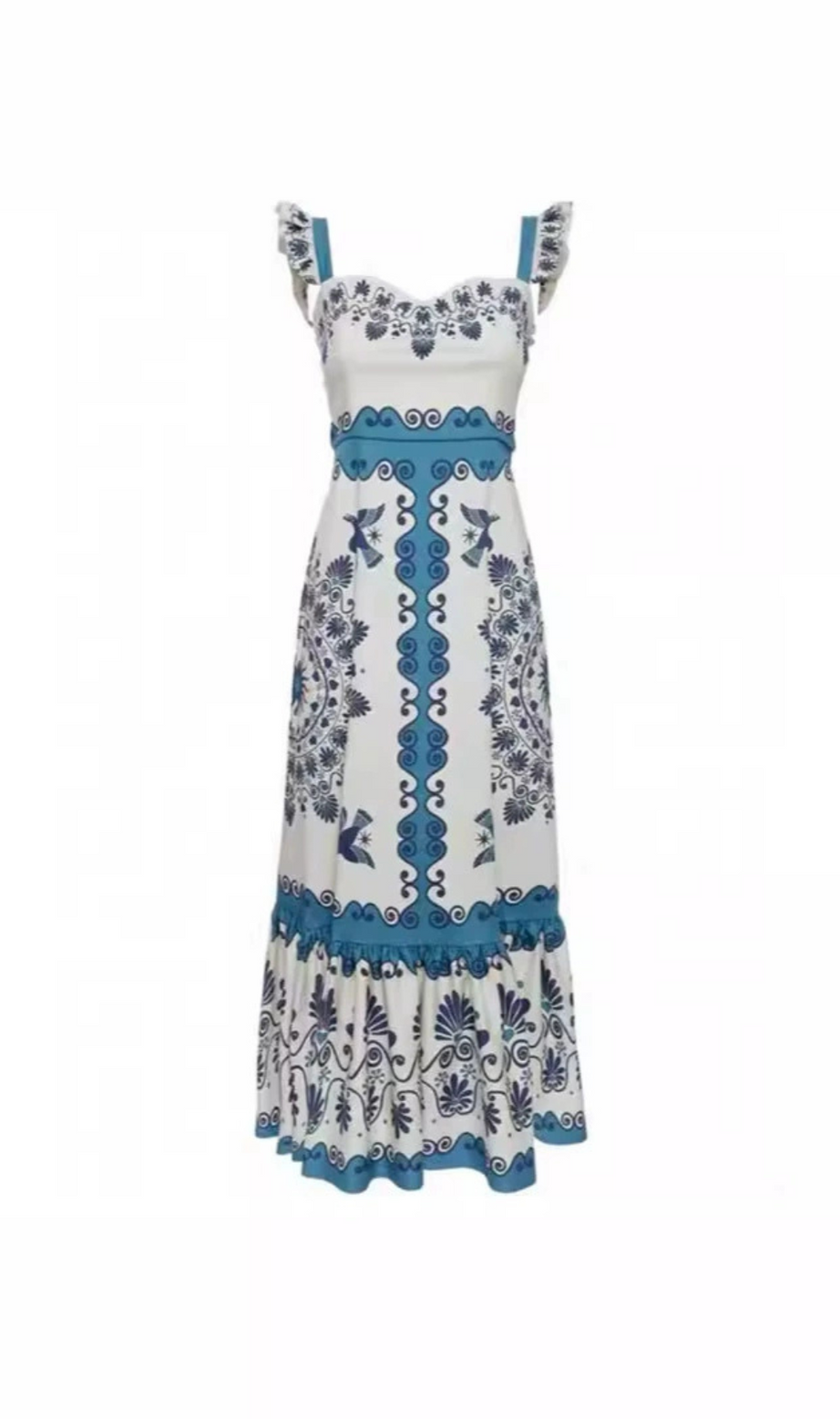MINIKLEID MIT PRINT UND RÜSCHENTRÄGERN IN BLAU