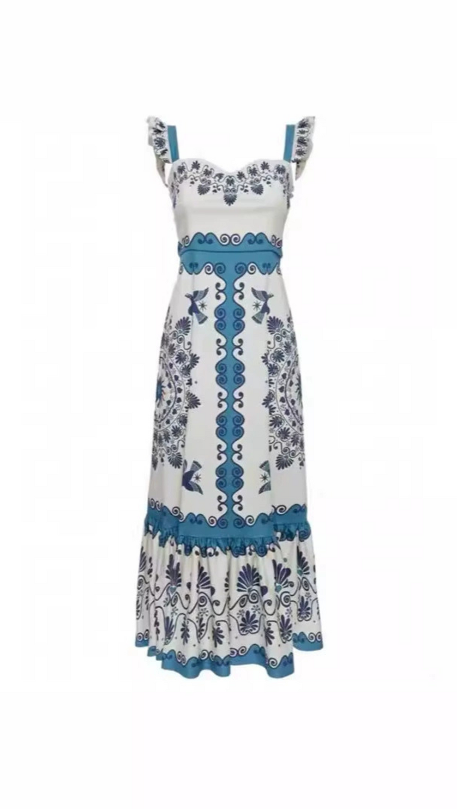 PRINT RUCHED STRAPS MINI DRESS IN BLUE