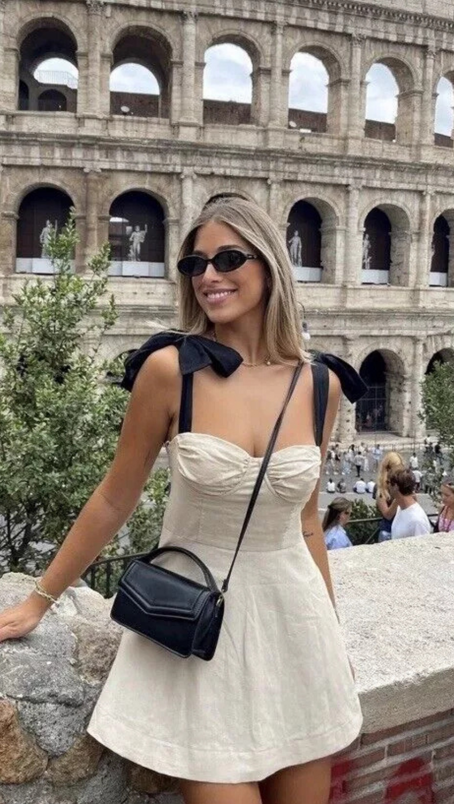 LINEN BLEND MINI DRESS WITH CONTRAST BOWS