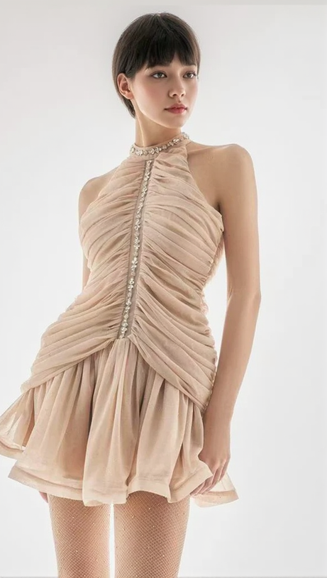 CHAMPAGNE AMENAE EMBELLISHED RUCHED MINI DRESS