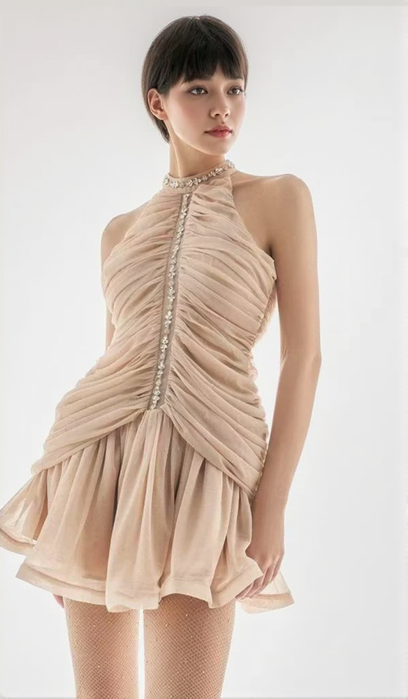 AIIZIE CHAMPAGNE AMENAE EMBELLISHED RUCHED MINI DRESS - product image