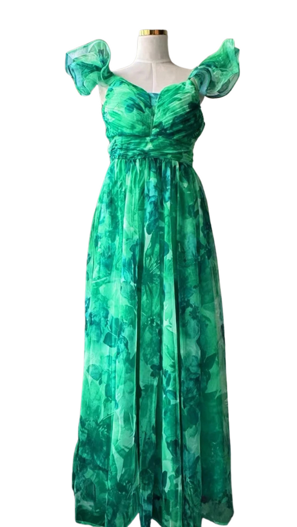 AIIZIE NATIVIDAD FLORAL PRINT TULLE A-LINE GREEN MAXI DRESS - product image
