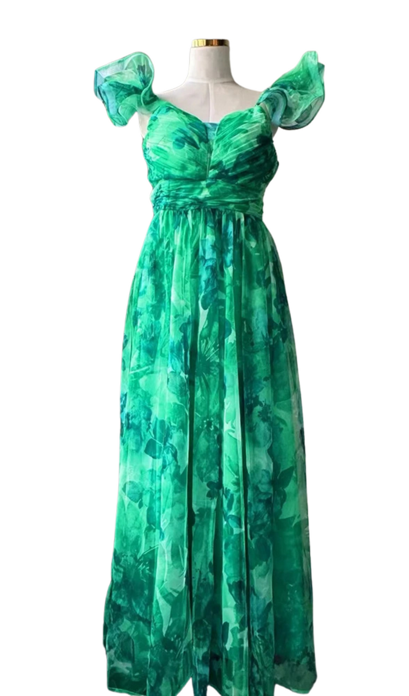 NATIVIDAD FLORAL PRINT TULLE A-LINE GREEN MAXI DRESS