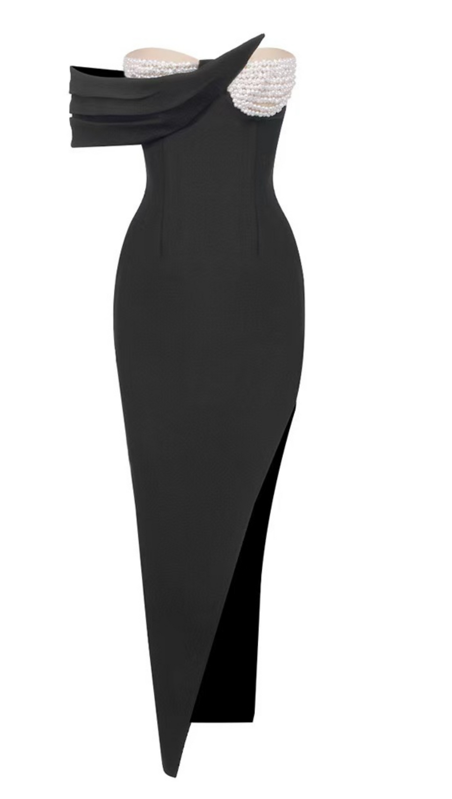 Schulterfreies Kleid mit hohem Schlitz und Perlenverzierung