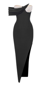 PEARL EMBELLISHED OFF-SHOULDER HIGH SPLIT DRESS