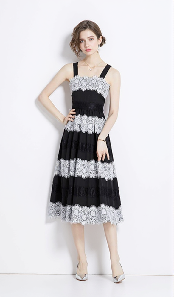AIIZIE AFRA BLACK LACE STRIPES MIDI STRAP MIDI DRESS - product image