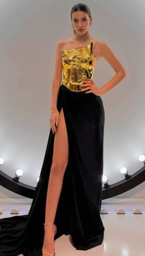 VICKY BLACK ONE SHOULDER GOLD MIRROR GOWN