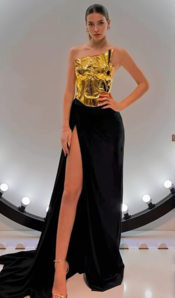 VICKY BLACK ONE SHOULDER GOLD MIRROR GOWN