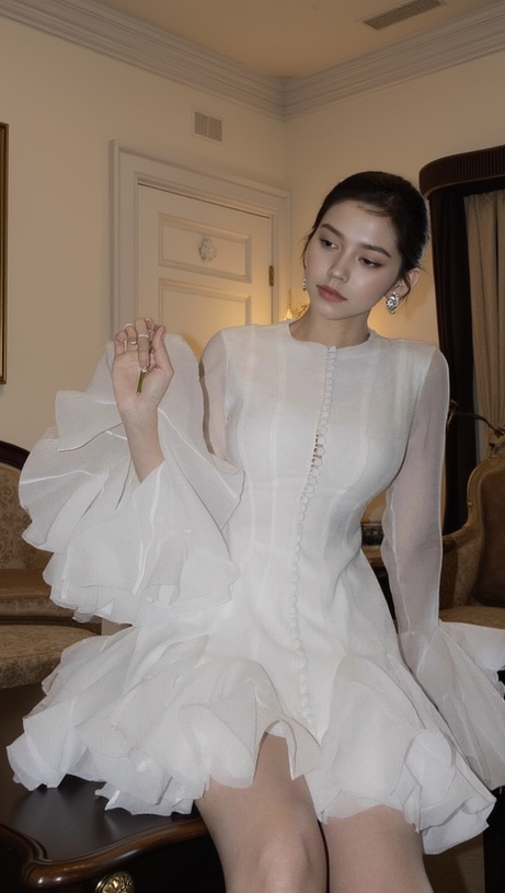 AGATHA WHITE SEMI-SHEER FLARED MINI DRESS