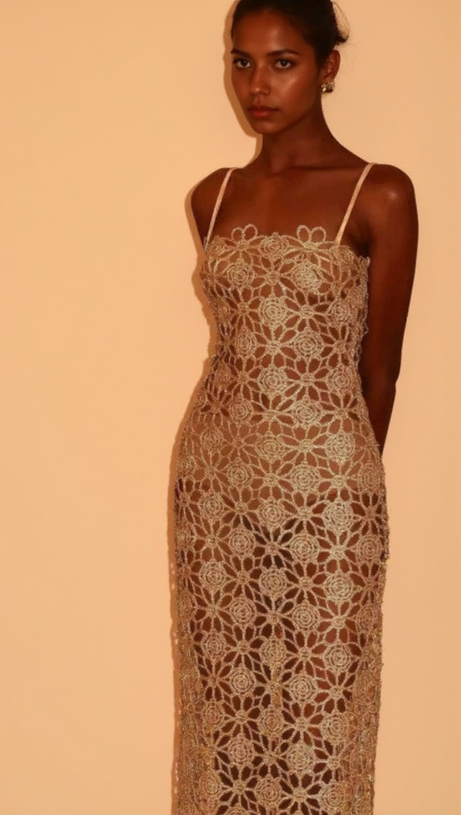 AGNES GOLD LACE CROCHET CUTOUT MIDI DRESS