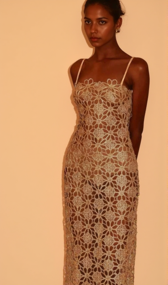 AGNES GOLD LACE CROCHET CUTOUT MIDI DRESS