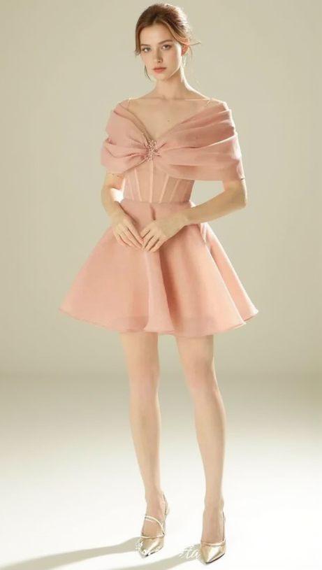 VENUS PINK OFF-SHOULDER MESH PANEL A-LINE MINI  DRESS