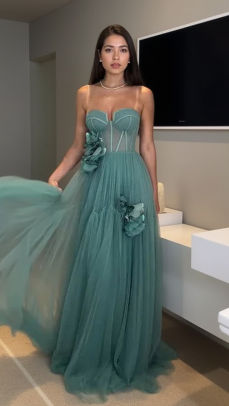 AALIYAH GREEN FLOWER EMBELLISH TULLE STRAPLESS MAXI DRESS
