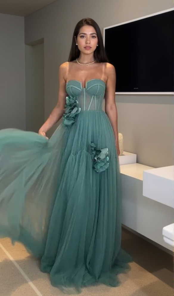 AALIYAH GREEN FLOWER EMBELLISH TULLE STRAPLESS MAXI DRESS