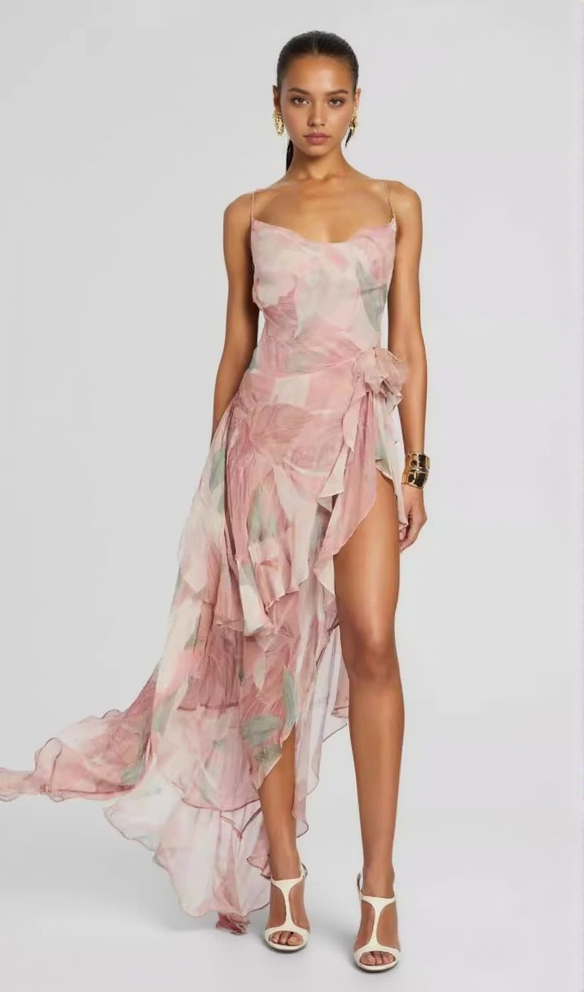 AIIZIE ZORA PINK FLORAL-PRINT RUFFLED SILK MIDI DRESS - product image