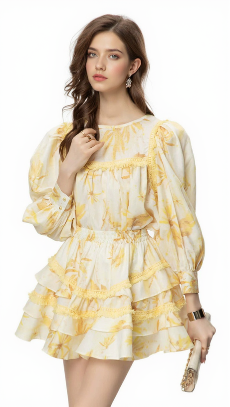 MABEL LAYER TRIM PRINT LANTERN SLEEVE MINI DRESS IN YELLOW