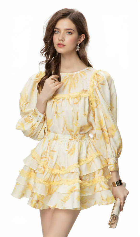 MABEL LAYER TRIM PRINT LANTERN SLEEVE MINI DRESS IN YELLOW