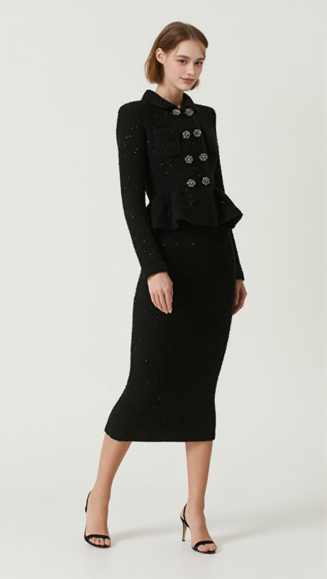 BLACK TEXTURED KNIT PEPLUM MIDI DRESS