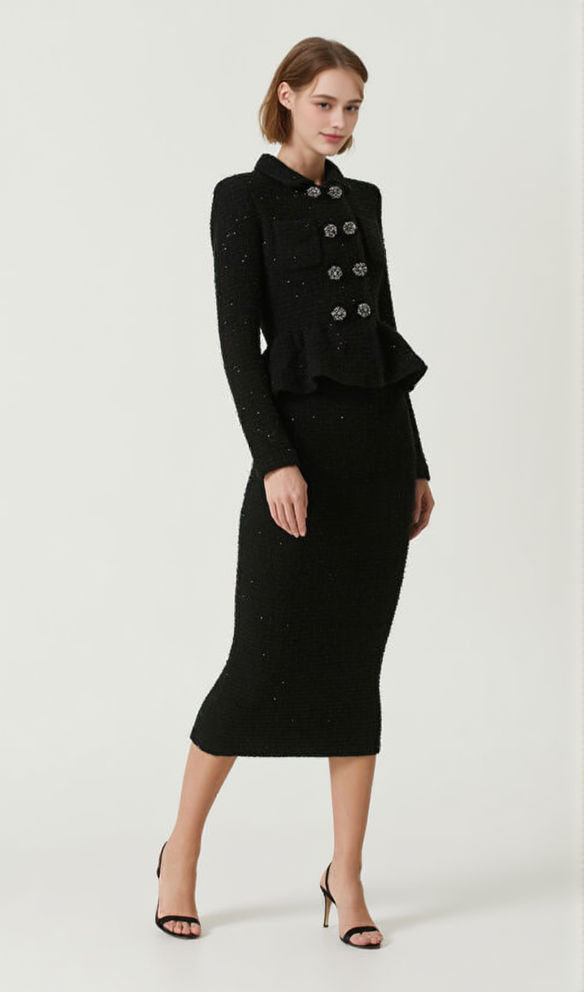 AIIZIE BLACK TEXTURED KNIT PEPLUM MIDI DRESS - product image
