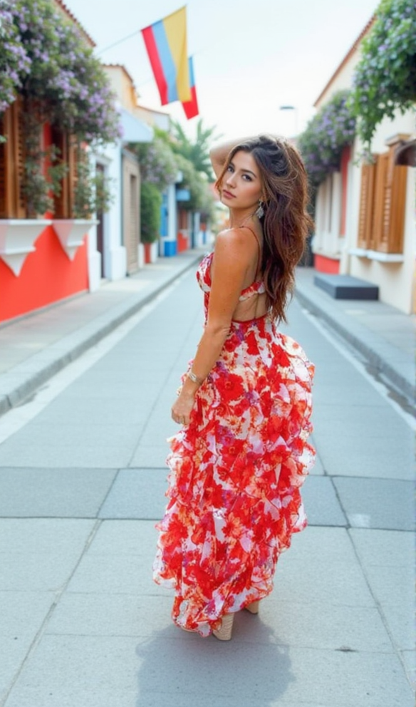 BELINDA RED FLORAL VERTICAL RUFFLE TRIM MAXI DRESS