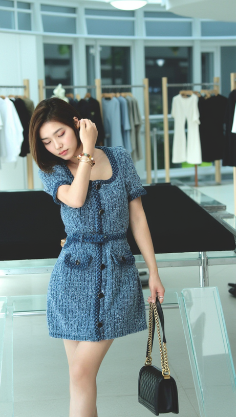 PATRICIA BRAIDED TRIM TEXTURED DRESS IN BLUE