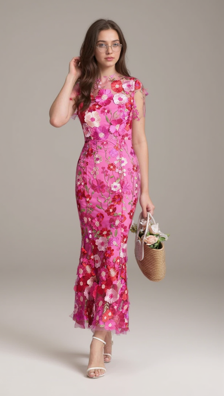 CAROL ROSE RED FLORAL EMBROIDERY MESH FISHTAIL MIDI DRESS