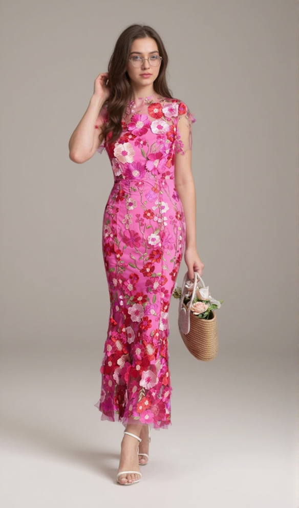 CAROL ROSE RED FLORAL EMBROIDERY MESH FISHTAIL MIDI DRESS