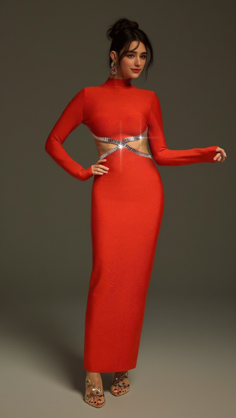 BAGUETTE CRYSTALS SIDE CUTOUTS EMBROIDERED RED CRÊPE MAXI DRESS