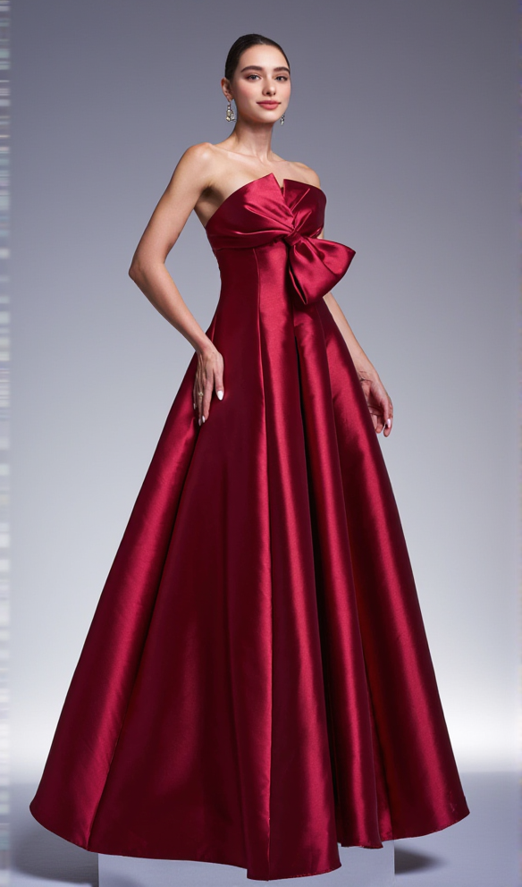 AIIZIE BOW SATIN MAXI DRESS IN BURGUNDY - product image