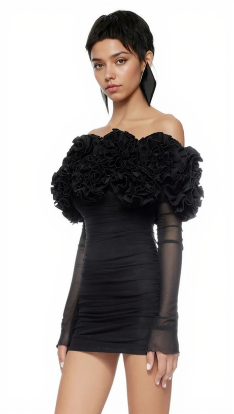 AMITY LONG SLEEVE TULLE FLORAL BARDOT DRESS IN BLACK