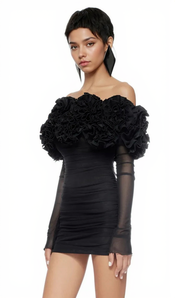 AIIZIE AMITY LONG SLEEVE TULLE FLORAL BARDOT DRESS IN BLACK - product image