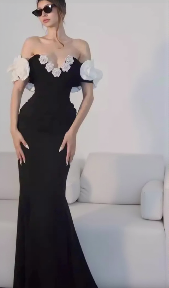 AIIZIE BEATRICE BLACK OFF SHOULDER 3D FLOWERS BODYCON BANDAGE MAXI DRESS - product image