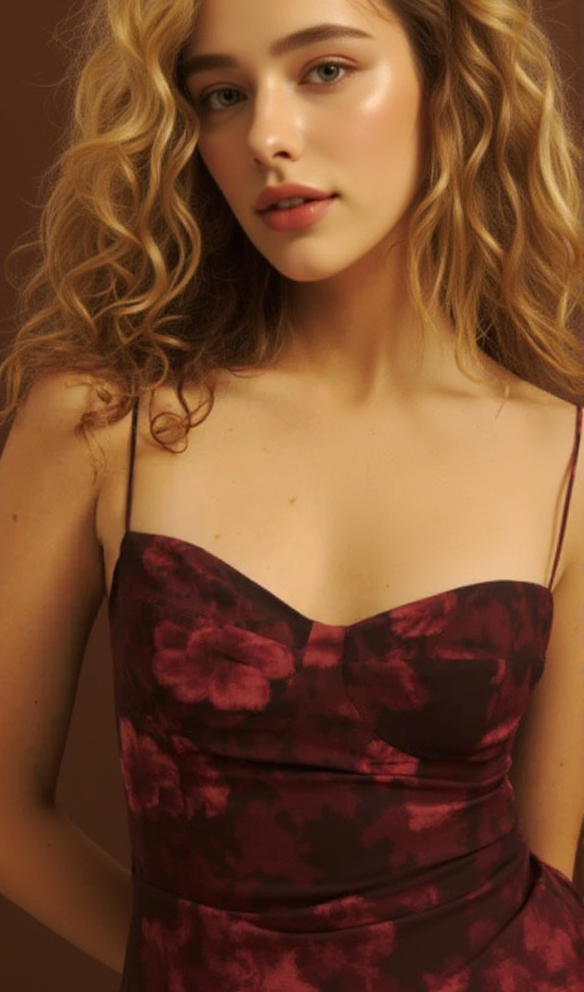 AIIZIE FLORAL PRINT SLIT MIDI DRESS IN BURGUNDY - product image