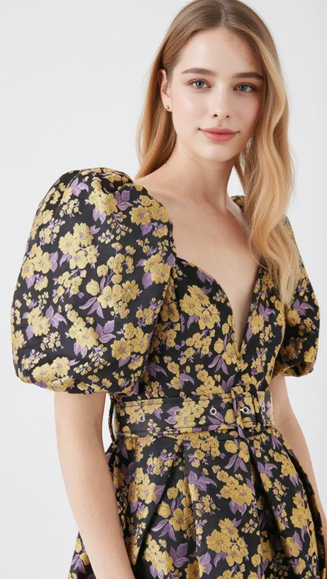 FLORAL JACQUARD PUFF SLEEVE DRESS