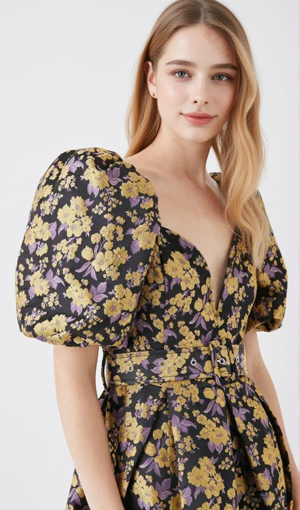 AIIZIE FLORAL JACQUARD PUFF SLEEVE DRESS - product image