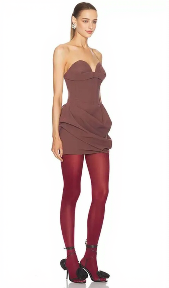 AIIZIE GRISELDA DRAPED WOOL-BLEND BUSTIER MINI DRESS IN BROWN - product image