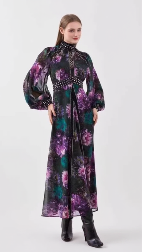 MULTICOLOR STUDDED FLORAL LACE MAXI DRESS