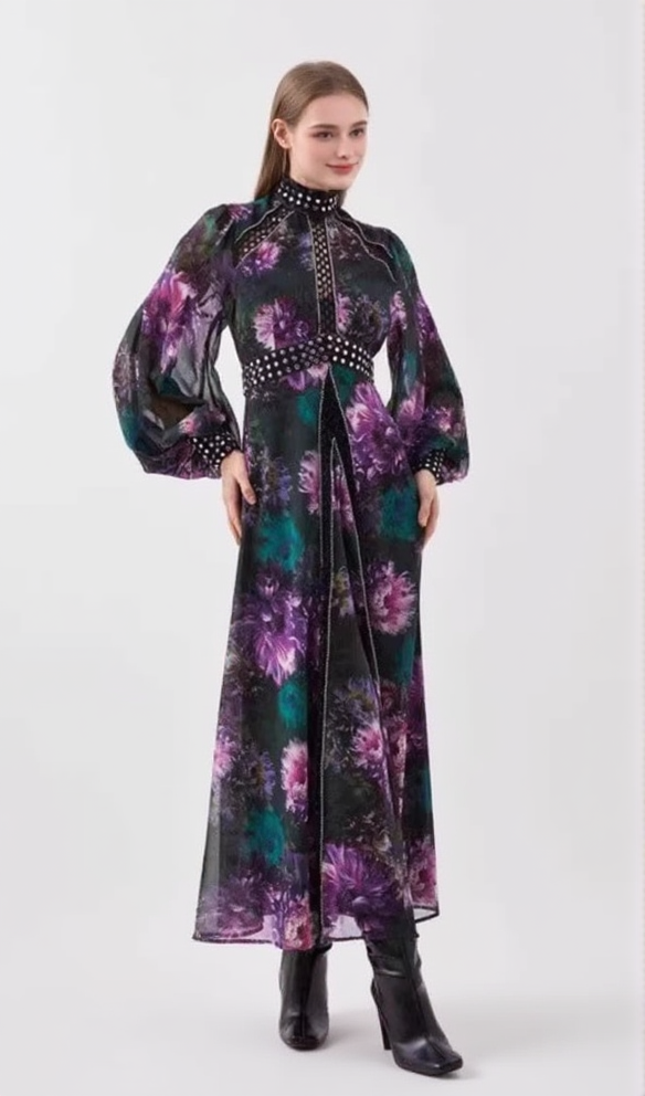 AIIZIE MULTICOLOR STUDDED FLORAL LACE MAXI DRESS - product image
