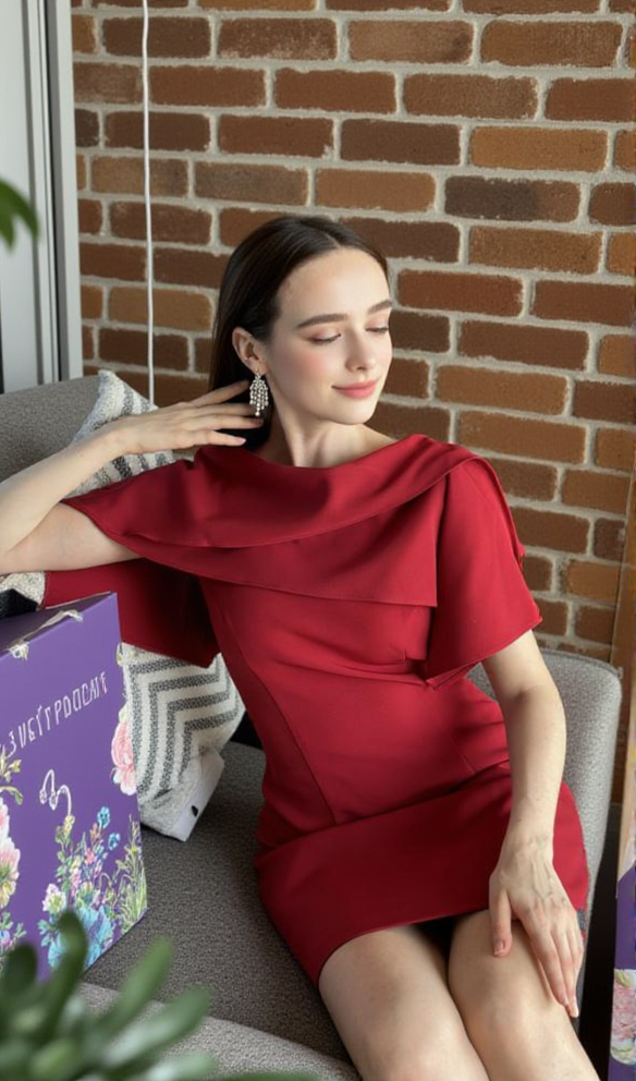 A-LINE BURGUNDY MINI DRESS WITH ASYMMETRICAL SHOULDER PLEAT