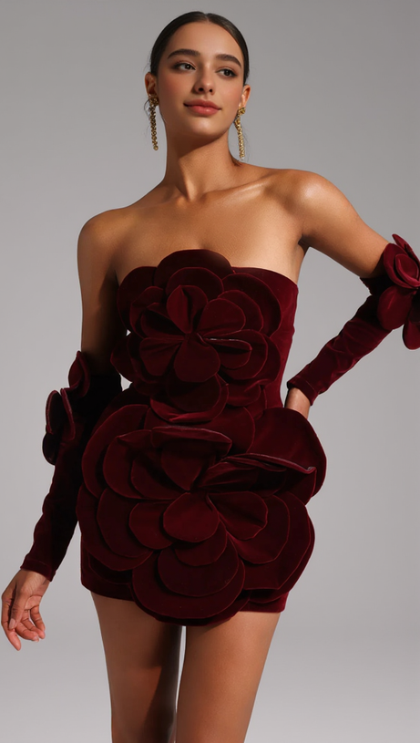 FLOWER-EMBELLISHED VELVET MINI DRESS IN BURGUNDY