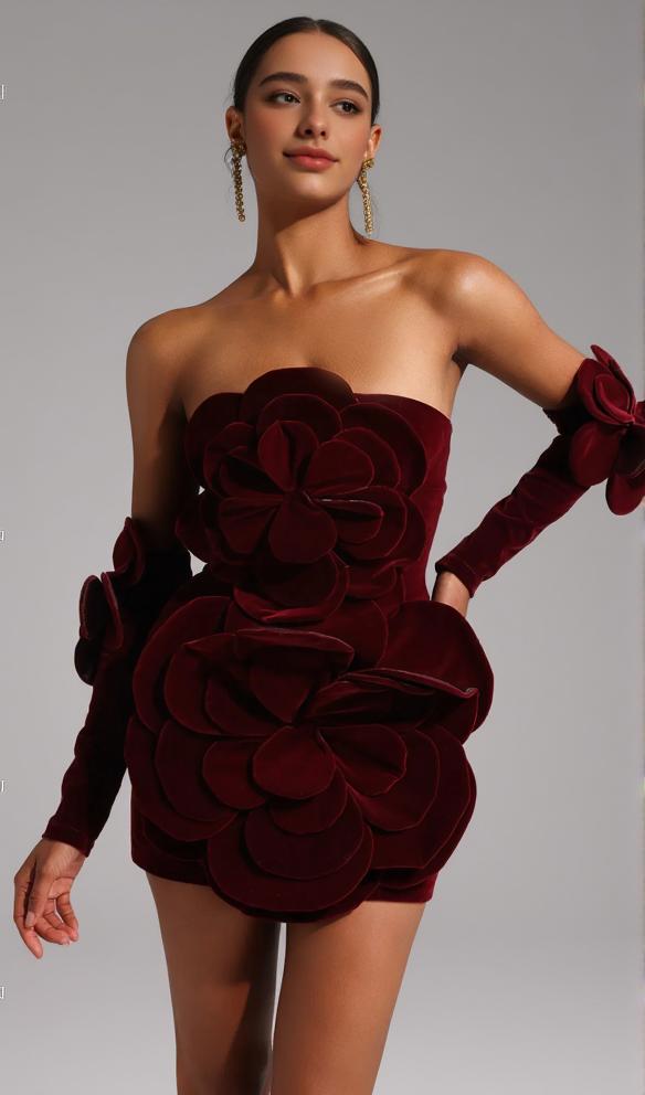 AIIZIE FLOWER-EMBELLISHED VELVET MINI DRESS IN BURGUNDY - product image