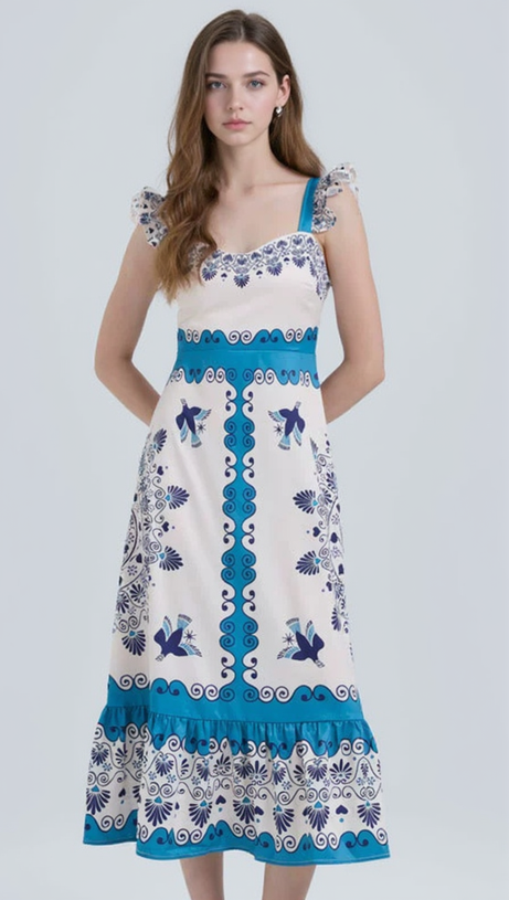 MINI ABITO CON SPALLINE ARRICCIATE E STAMPATE IN BLU