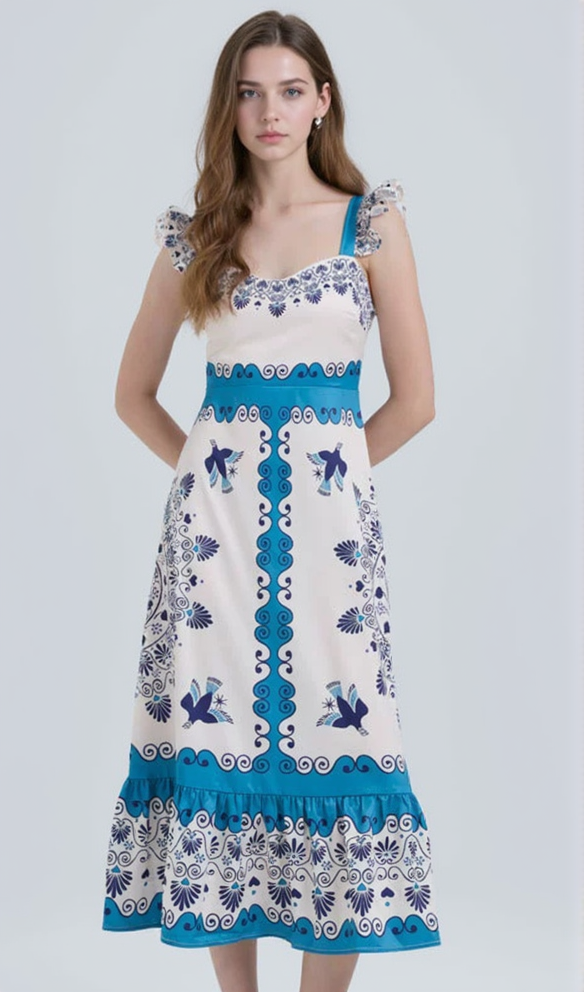 AIIZIE PRINT RUCHED STRAPS MINI DRESS IN BLUE - product image