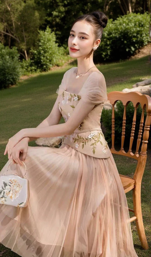 AIIZIE SQUARE COLLAR EMBROIDERED FLOWER MIDI DRESS IN APRICOT - product image