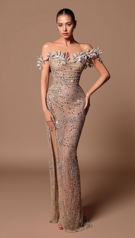 CRYSTAL LEAF EMBELLISHED SEQUIN MAXI DRESS IN PALE BROWN